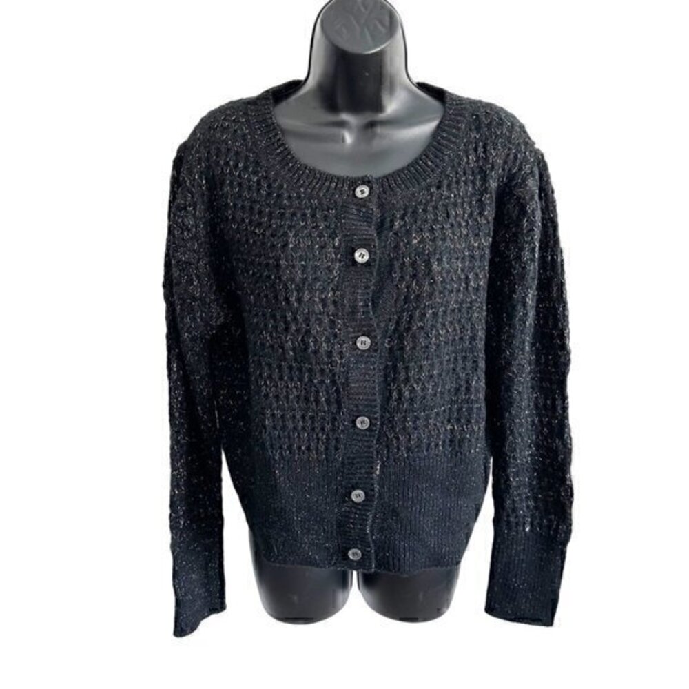 Cider Gold Metallic Thread Knit Button Front Cardigan Sweater‎ Top Black Large